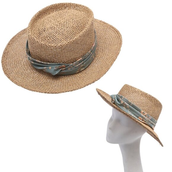 Vintage Straw Panama Hat Brim Woven ACTWU Union Made 80s Sage Peach Band Miami - Picture 1 of 10